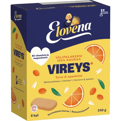 Välipalakeksi Elovena tyrni-appelsiini 30g 8kpl, hinta 6,05€