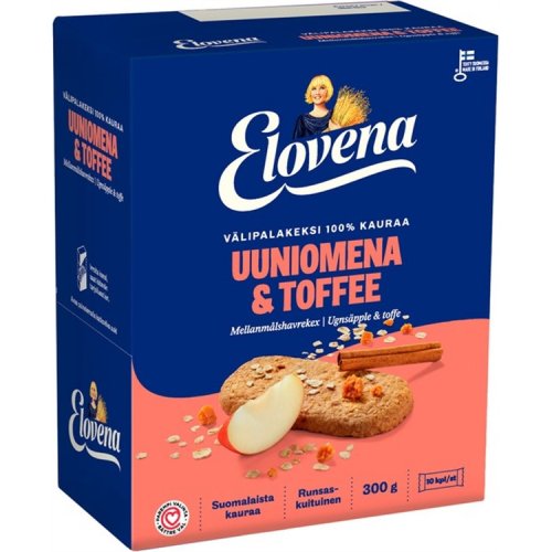 Välipalakeksi Elovena uuniomena-toffee 10 x 30 g, hinta 9,32€