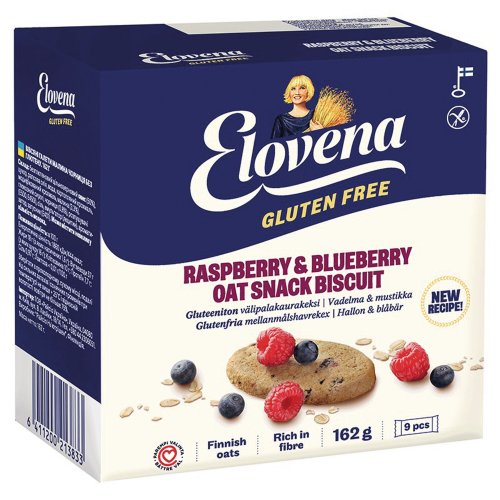Välipalakeksi Elovena vadelma-mustikka gluteeniton 18g 9kpl, hinta 5,14€