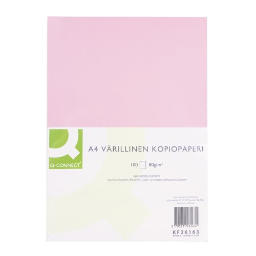 Värillinen Kopiopaperi Q-CONNECT 80G A4/100 vaaleanpunainen, hinta 3,73€