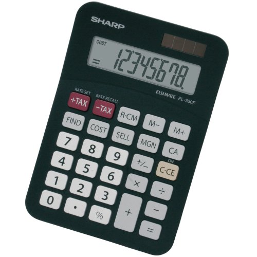 5620836 Pöytälaskin Sharp EL330FBBK on yksinkertainen musta pöytälaskin valokennolla. Pöytälaskimen suuri näyttö on 8 numeroinen. Pöytälaskimessa on kallistettu näyttö ja suuret näppäimet. Laitteessa on kahden vuoden takuu.