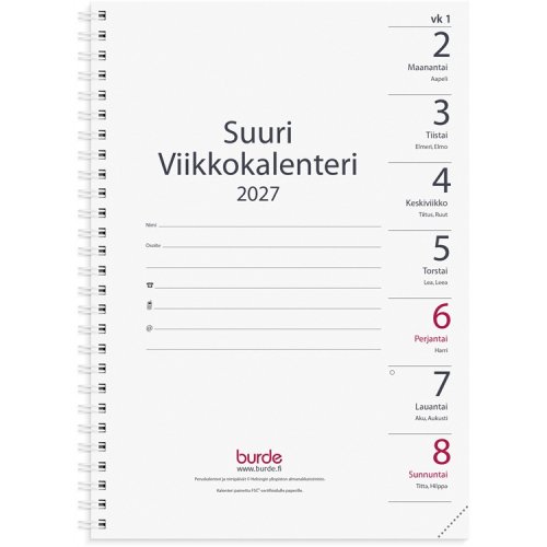 Vuosipaketti 2027 Viikkokalenteri Suuri A5, hinta 5,40€