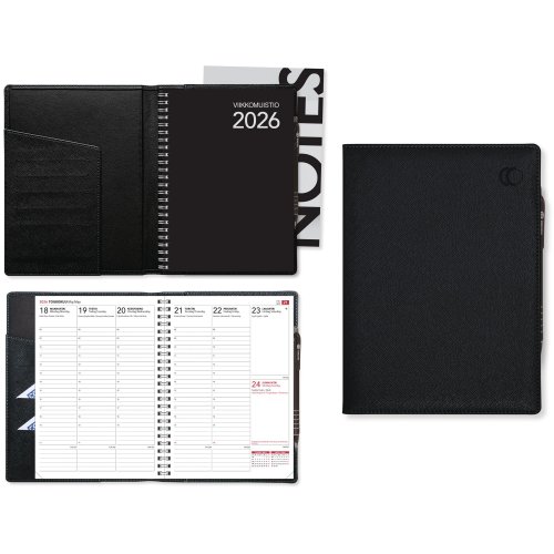Viikkomuistio 2026 Cc 2216 plus viikkokalenteri musta 148 × 210mm, hinta 23,50€