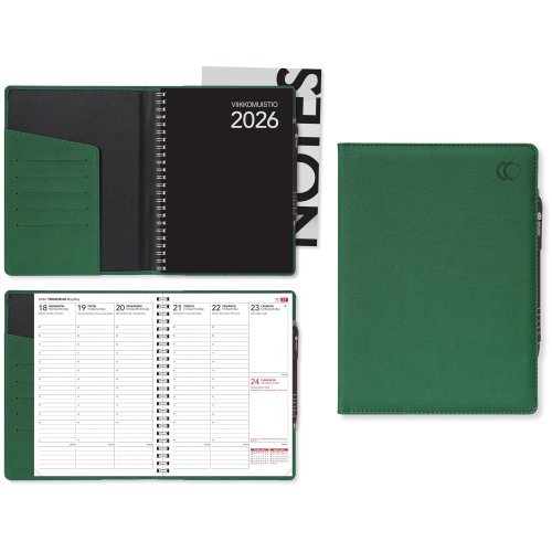 Viikkomuistio 2026 Cc 2236 plus viikkokalenteri vihreä 148 × 210mm, hinta 23,50€