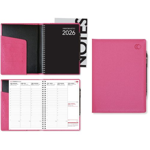 Viikkomuistio 2026 Cc 2266 plus viikkokalenteri fuksia 148 × 210mm, hinta 23,50€