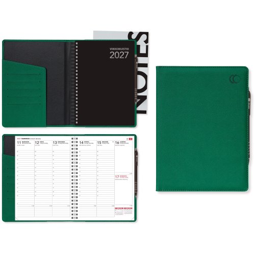 Viikkomuistio 2027 Cc 2237 plus viikkokalenteri vihreä 148 × 210mm, hinta 20,39€