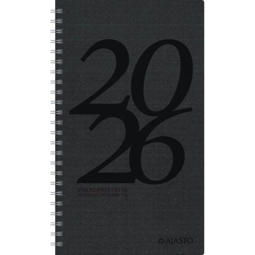 Viikkopäivyri 2026 Ajasto 14 eko pöytäkalenteri musta 120 x 210mm, hinta 11,85€