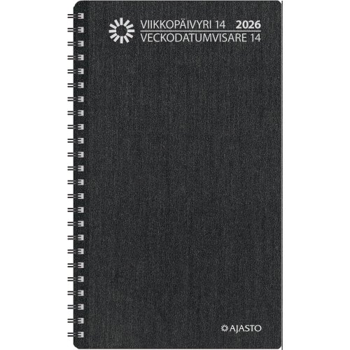 Viikkopäivyri 2026 Ajasto 14 pöytäkalenteri tummanharmaa 120 x 210mm, hinta 11,85€