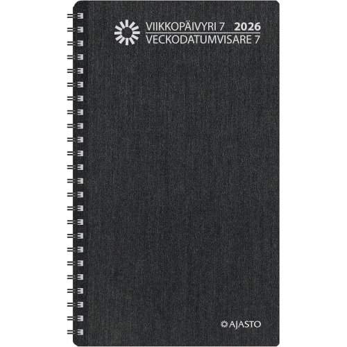 Viikkopäivyri 2026 Ajasto 7 pöytäkalenteri tummanharmaa 120 x 210mm, hinta 11,90€