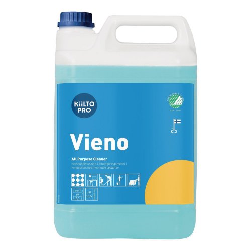 5710187 Yleispesuaine Kiilto Vieno 5L on laadukas yleispuhdistusaine joka sopii hyvin saniteettitiloihin ja yleiseen puhdistukseen. Heikosti emäksistä matalavaahtoista puhdistusainetta voi käyttää kaikilla vettä sietävillä pinnoilla.